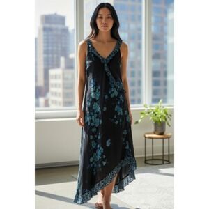 Whimsigoth Y2K Womens Floral Ruffle Asymmetrical Midi Dress Black Blue Sz 16